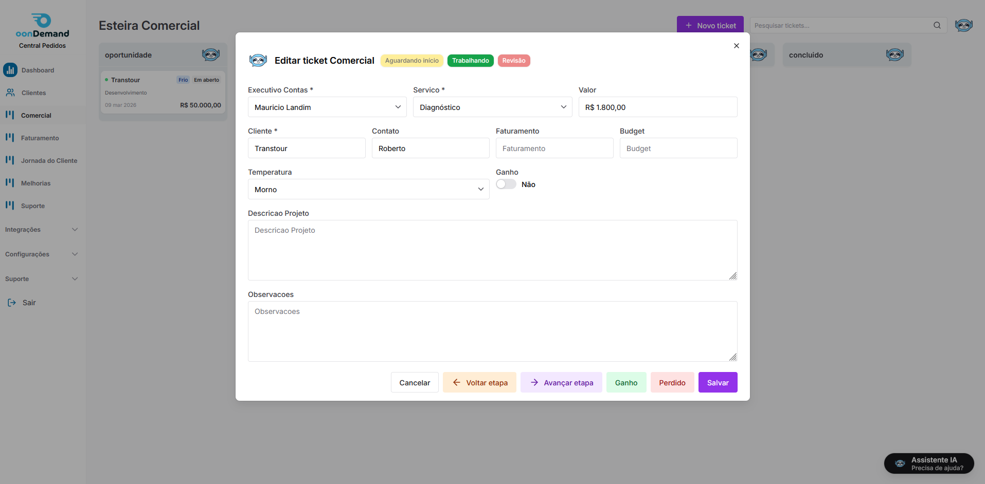 CRM operacional com tickets na plataforma OonDemand